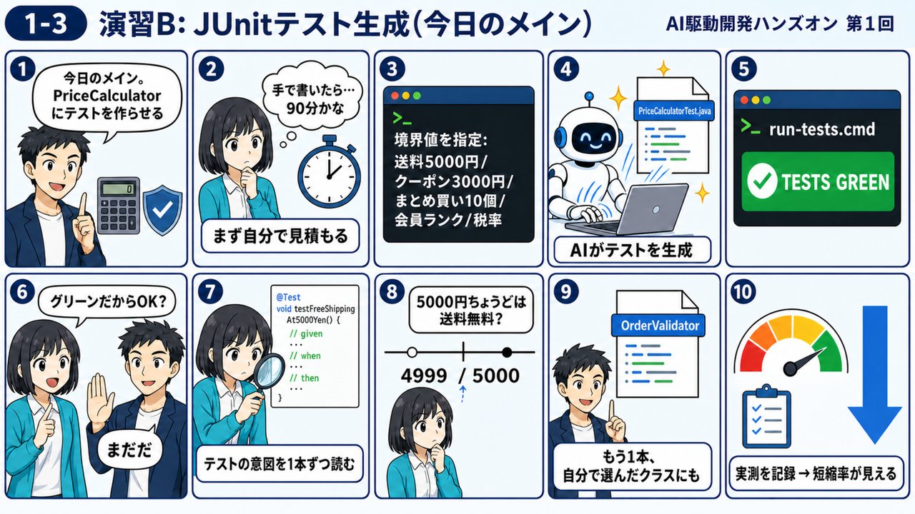 1-3 演習B テスト生成のステップ(10コマ漫画図解)