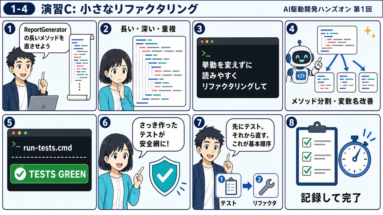 1-4 演習C リファクタリングのステップ(8コマ漫画図解)