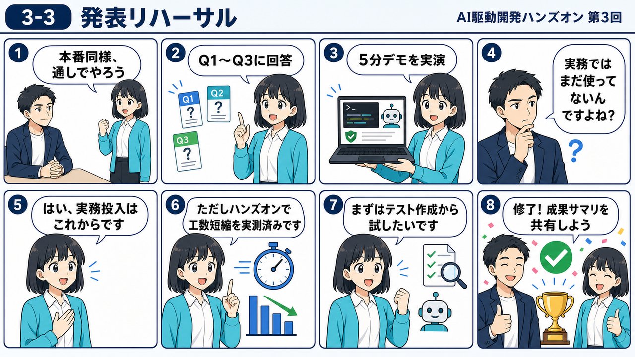 3-3 発表リハーサルの流れ(8コマ漫画図解)